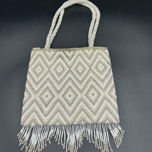 Elegant Beaded white&silver chevron pattern handbag